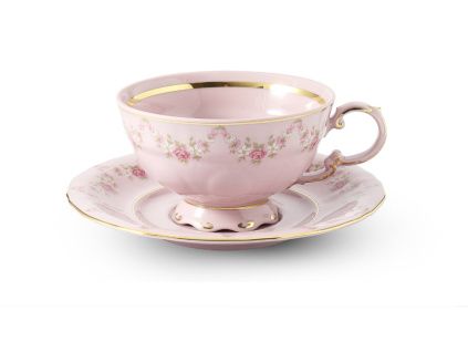 Čajový šálek s podšálkem, Sonáta, 0,20 l, růžový porcelán, květiny, Leander