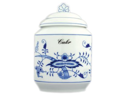 DÓZA NA POTRAVINY 1,10 L, CIBULÁK S NÁPISEM CUKR, ČESKÝ PORCELÁN DUBÍ
