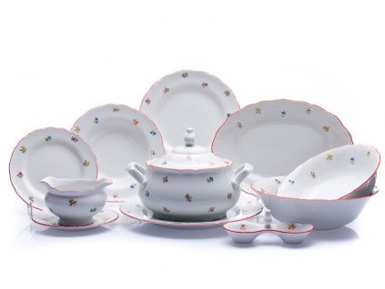 Jídelní souprava Ophelia, házenka s červeným proužkem, karlovarský porcelán, Thun RZ