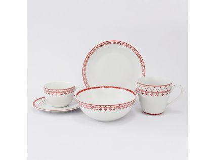 Snídaňová souprava, český porcelán, HyggeLine, červená, Leander, 5 d.
