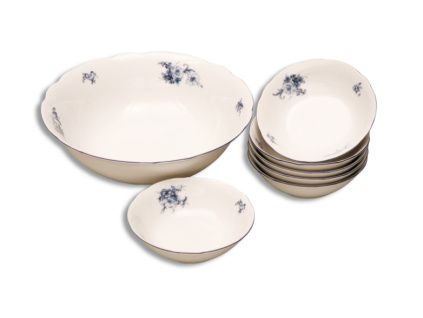 Rose, kompotová souprava, český porcelán, modré růže, Thun, 7 d.