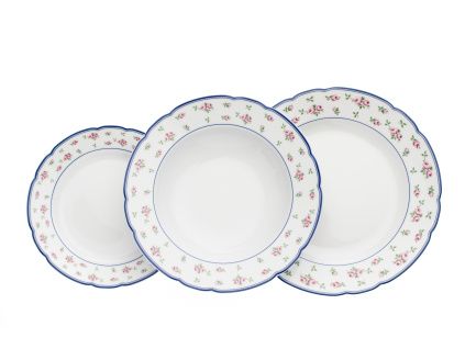 Rose, talířová souprava, růžičky, modré lemování, 18 ks, Thun
