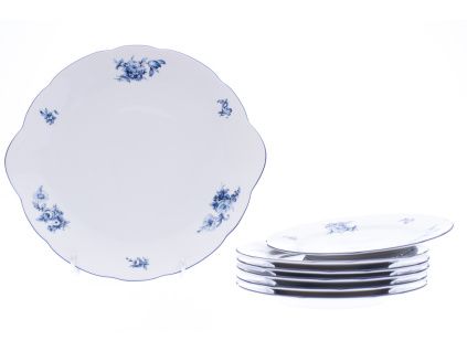 Rose, koláčová souprava, český porcelán, modré růže, Thun, 7 d.