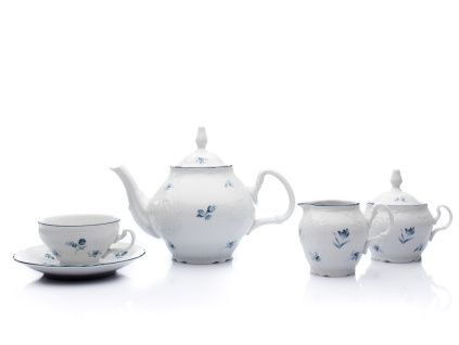 Bernadotte, čajová souprava, český porcelán, modré růžičky, Thun, 15 d.