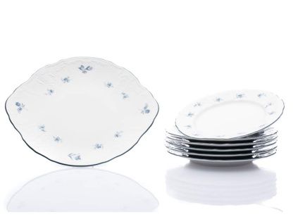 Bernadotte, koláčová souprava, český porcelán, modré růžičky, Thun, 7 d.