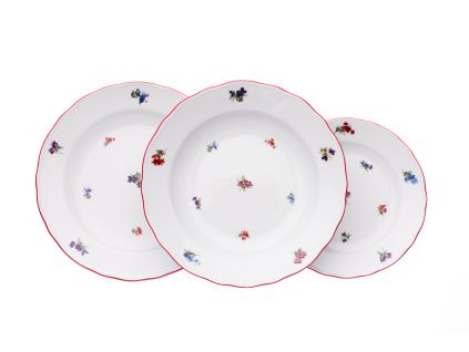 Talířová souprava, házenka s červeným proužkem, Český porcelán, 18 d.