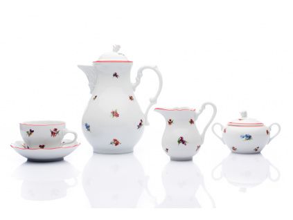 Kávová souprava, Rokoko, házenka s červeným proužkem, Český porcelán, 15 d.