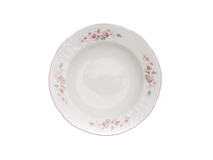Talíř hluboký, český porcelán, Bernadotte, 23 cm, růže, růžový proužek, Thun