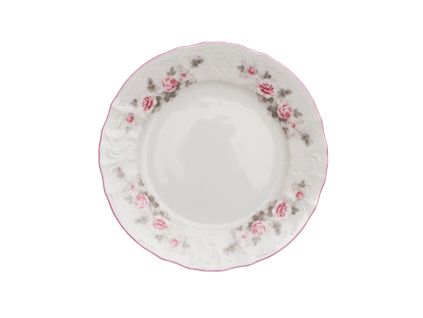 Talíř dezertní, český porcelán, Bernadotte, 19 cm, růže, růžový proužek, Thun