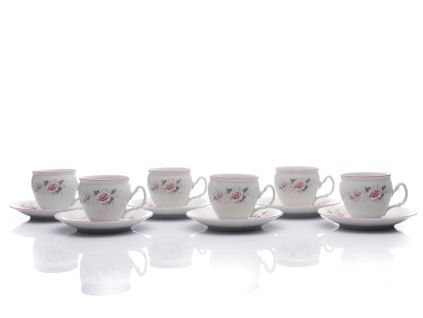 Šálky a podšálky, 240 ml, český porcelán, Bernadotte, růže, růžový proužek, Thun, 6 ks