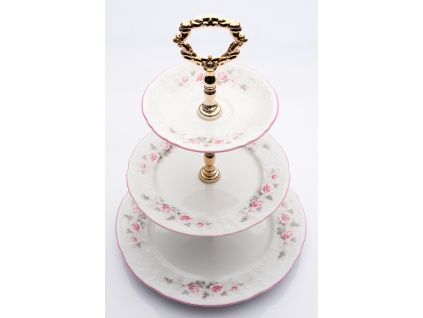 Etažérka, český porcelán, Bernadotte, růže, růžový proužek, Thun