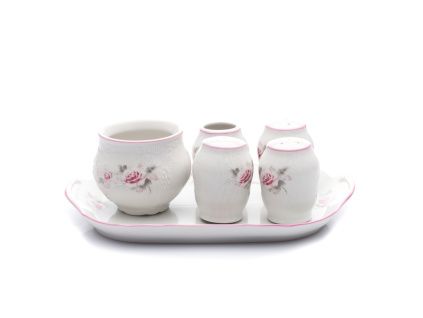 Dochucovací sada, český porcelán, Bernadotte, růže, růžový proužek, Thun, 6 d.