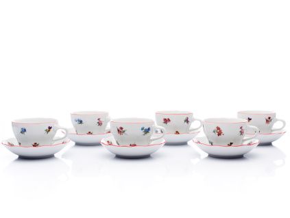 Šálky a podšálky dekorované házenkou s červeným proužkem, Český porcelán, 6 ks