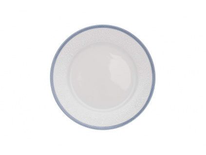 Dezertní talíř, český porcelán, 19 cm, Opal, bílá krajka, modrý lem, Thun