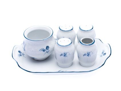 Dochucovací sada, český porcelán, Bernadotte, modré růžičky, Thun, 6 d.