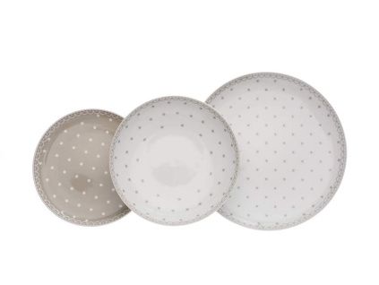 Tom, talířová souprava, český porcelán, 18 d., šedé puntíky, Thun