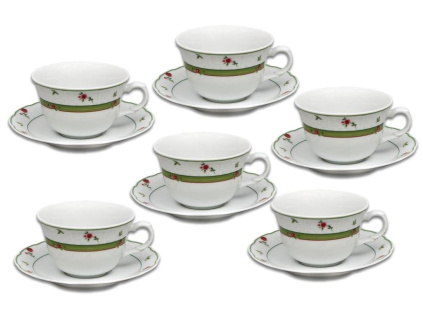 Menuet, šálky s podšálky, čajové, český porcelán, 6 d., růže, zelená, Thun