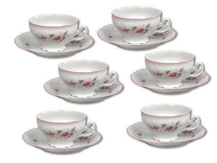 Šálky a podšálky, 205 ml, český porcelán, Bernadotte, růže, růžový proužek, Thun, 6 ks