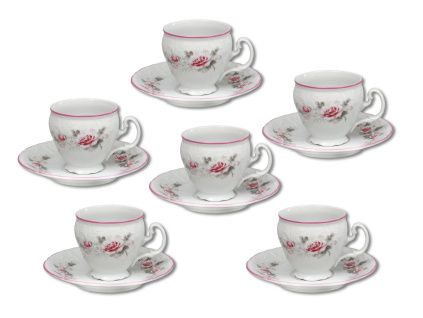 Šálky a podšálky, 170 ml, český porcelán, Bernadotte, růže, růžový proužek, Thun, 6 ks