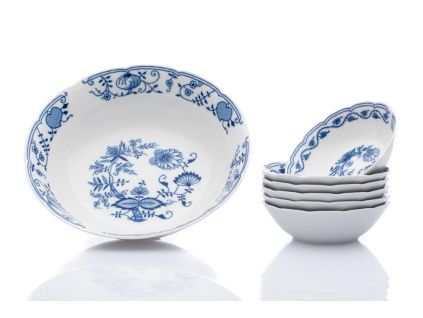 Kompotová souprava, český porcelán, Natálie, cibulák, Thun, 7 d.