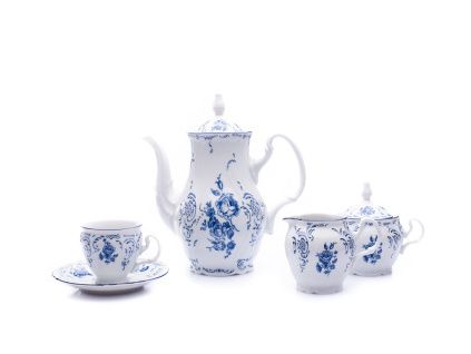 Kávová souprava, český porcelán, Bernadotte, modré květy, 15 d., Thun 1794