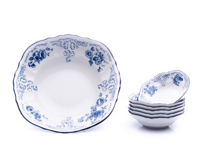 Kompotová souprava, český porcelán, Bernadotte, modré květy, 7 d., Thun 1794