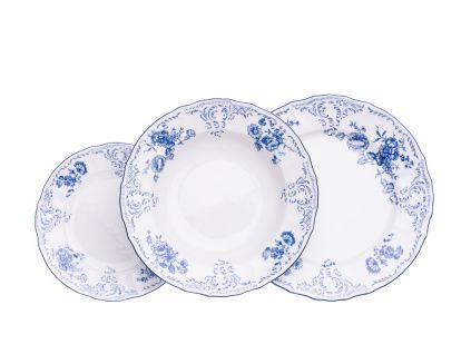 Talířová souprava, český porcelán, Bernadotte, modré květy, 18 d., Thun 1794
