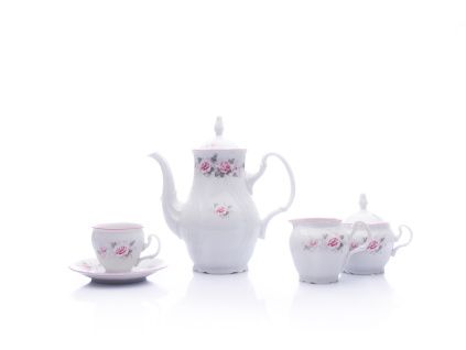 Kávová souprava, český porcelán, 170 ml, Bernadotte, růže, růžová linka, 15 d., Thun 1794