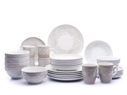 Jídelní souprava, Kodaň, šedá krajka, karlovarský porcelán, Thun, 30 d.
