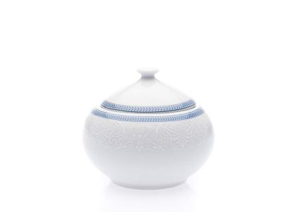 Cukřenka, český porcelán, Opal, 0,2 l, bílá krajka, modrý lem, Thun