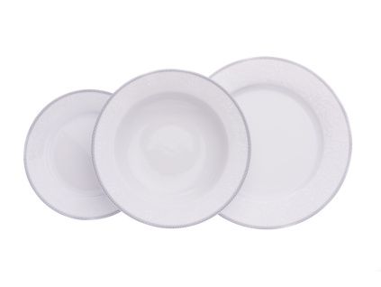 Opal, talířová souprava, bílá krajka, šedý lem, porcelán Thun, 18 d.