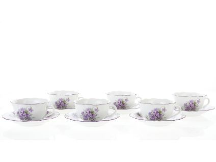 Sada šálků s podšálky, 6 ks, český porcelán, 0,20 l, fialky, Český porcelán