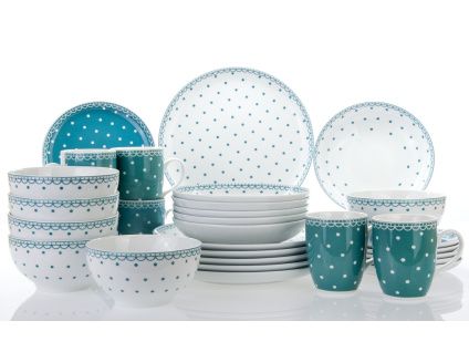 Jídelní souprava, Kodaň, petrolej - puntíky, karlovarský porcelán, Thun, 30 d.
