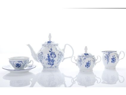 Čajová souprava, český porcelán, Bernadotte, modré květy, 15 d., Thun 1794