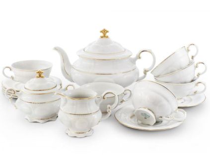 Čajová souprava, porcelán, Sonáta, zlatý proužek, Leander, 15 d.