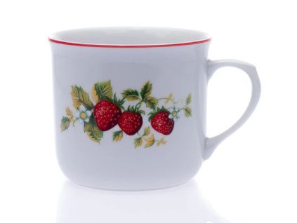 Hrnek Vařák, 0,65 l, Český porcelán, jahody s červenou linkou