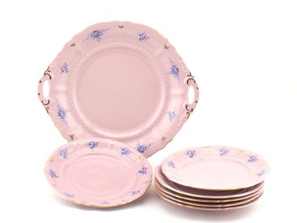 Koláčová souprava Sonáta, modré květiny, růžový porcelán, Leander, 7 dílná