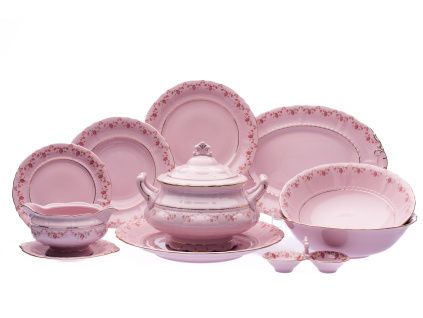Jídelní souprava Sonáta, kytičky, růžový porcelán, Leander, 25 dílná