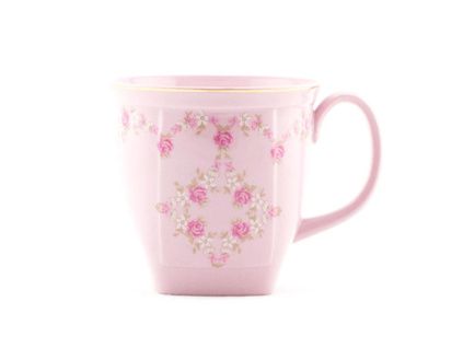 Hrnek hranatý 0,33, růžový porcelán, kytičky, zlatá linka, Leander