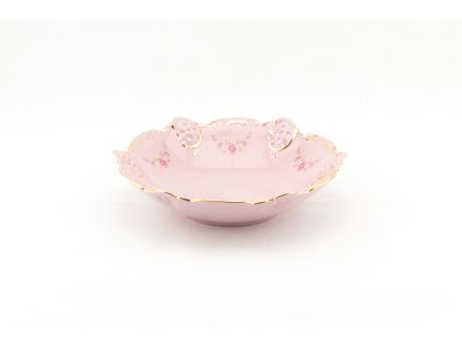 Miska vykrajovaná 19,5 cm, růžový porcelán, kytičky, zlatá linka, Leander