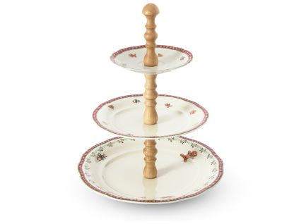 Etažér, světlé dřevo, vánoční porcelán, perníčky, Leander