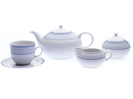 Opal, čajová souprava, porcelán, modrá mřížka, Thun, 15 d.