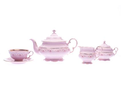 Čajová souprava, růžový porcelán růžičky, zlatá linka, Leander, 15 d.