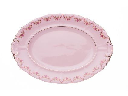 Mísa oválná 36, růžový porcelán, růžičky, zlatá linka, Leander
