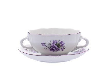 Šálek a podšálek bujón s oušky, 0,25 l, fialky, porcelán Dubí
