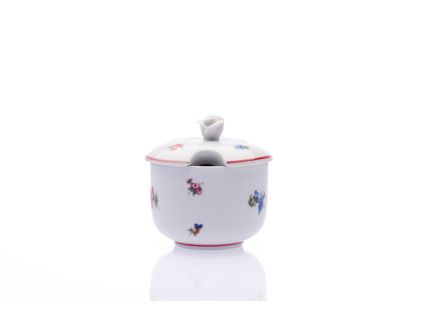 Cukřenka s víčkem 0,20 l, házenka s červeným proužkem, Český porcelán