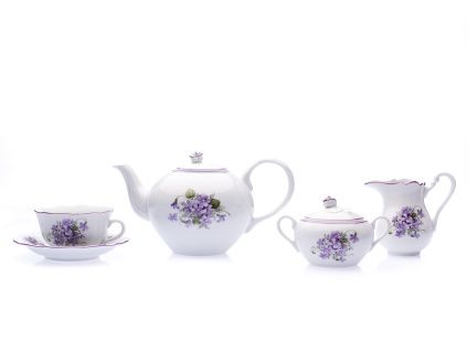 Čajová souprava, fialky, Český porcelán, 15 d.
