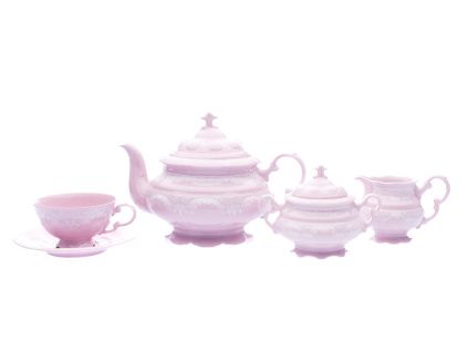 Čajová souprava Sonáta, bílá krajka, růžový porcelán, Leander, 15 dílná