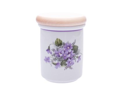 Dóza s dřevěným uzávěrem B - střední  10,5 x 8,2 cm, fialky, Český porcelán