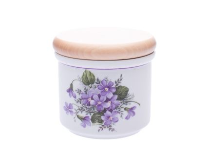 Dóza s dřevěným uzávěrem A - malá  8,0 x 9,7 cm, fialky, porcelán Dubí